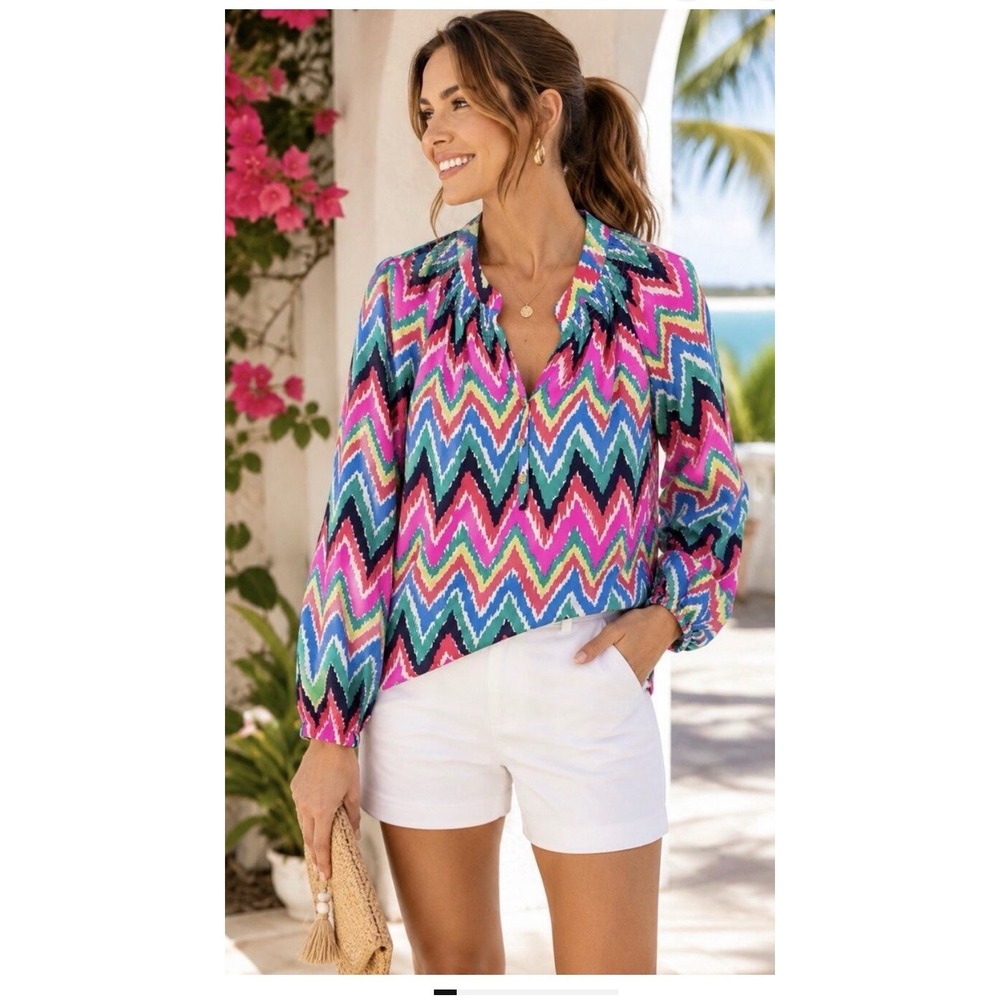 Lilly Pulitzer Elsa Blouse Silk M Multi Color Chevron Zig Zag Top Resort Vibrant
